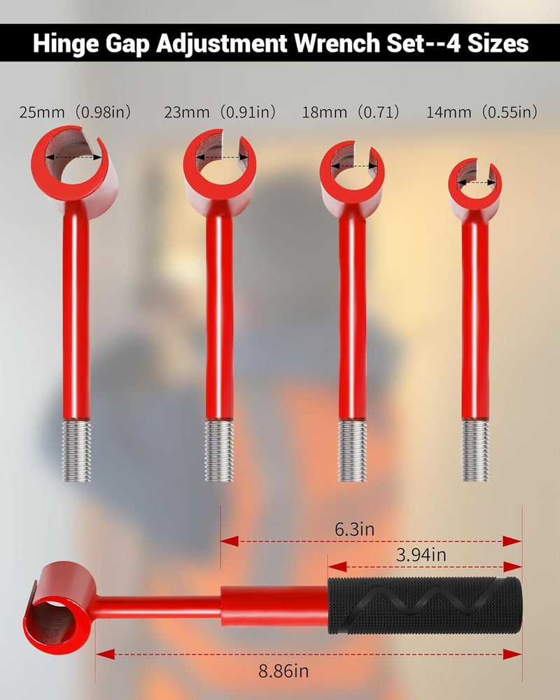 Tofcbye Hinge Gap Adjustment Wrench Set, Heavy Door Hinge Adjustment Tool （Threaded Link）, 4 PCS Hinge Gap Adjusting Wrench, Multi-Size Precision Tool Kit for Door and Cabinet Alignment（Red） - Image 2